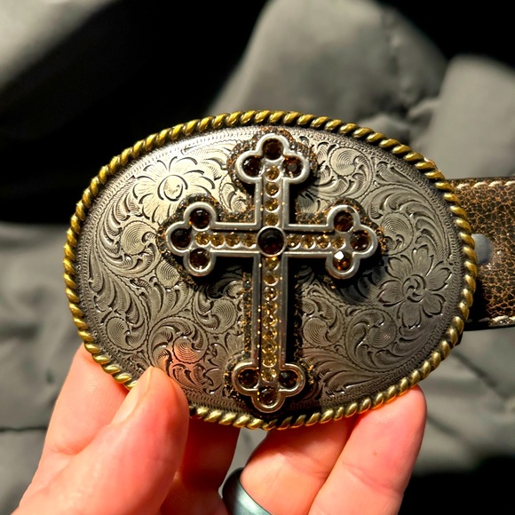 Nocona Leather Belt with Cross Buckle - Picture 3 of 4